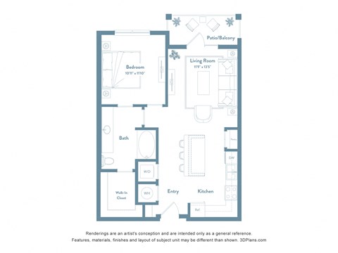 Floor plan for 1 bed, 1 bath, 740 sqft